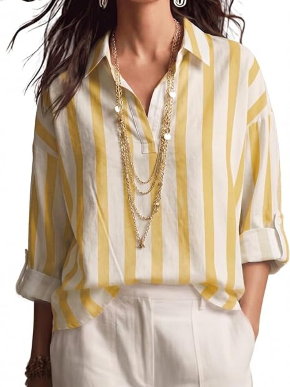 Women Striped V Neck Henley Shirt Oversized (M)